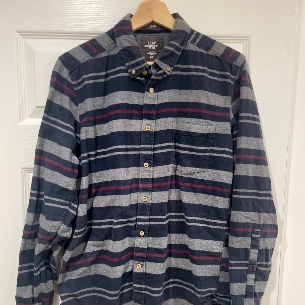 H&M Navy, Grey, and Red Flannel Striped button up long sleeve - Medium